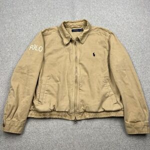 Polo Ralph Lauren Harrington Jacket Womens Large Beige Twill Zip Up Boxy Bomber